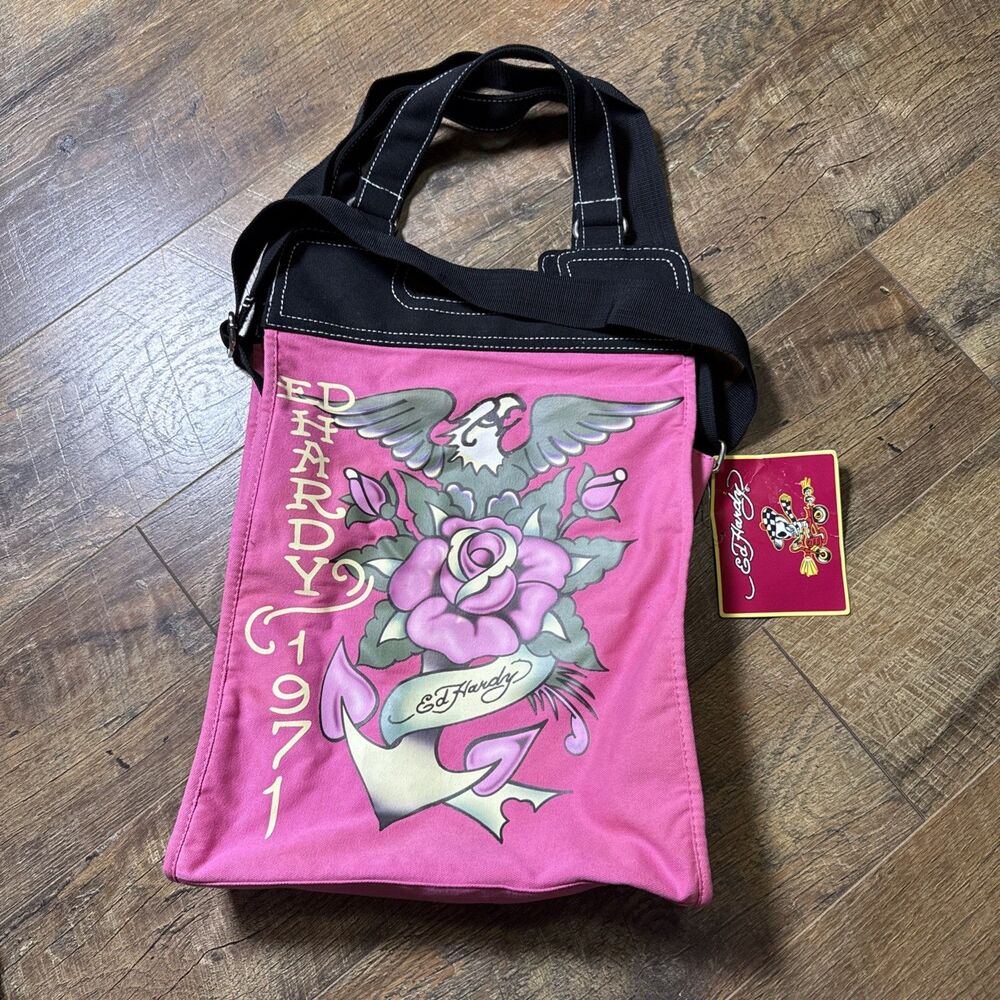 Vintage Ed Hardy Y2K Style Canvas Tote Bag Pink And Black Color Scheme Promo